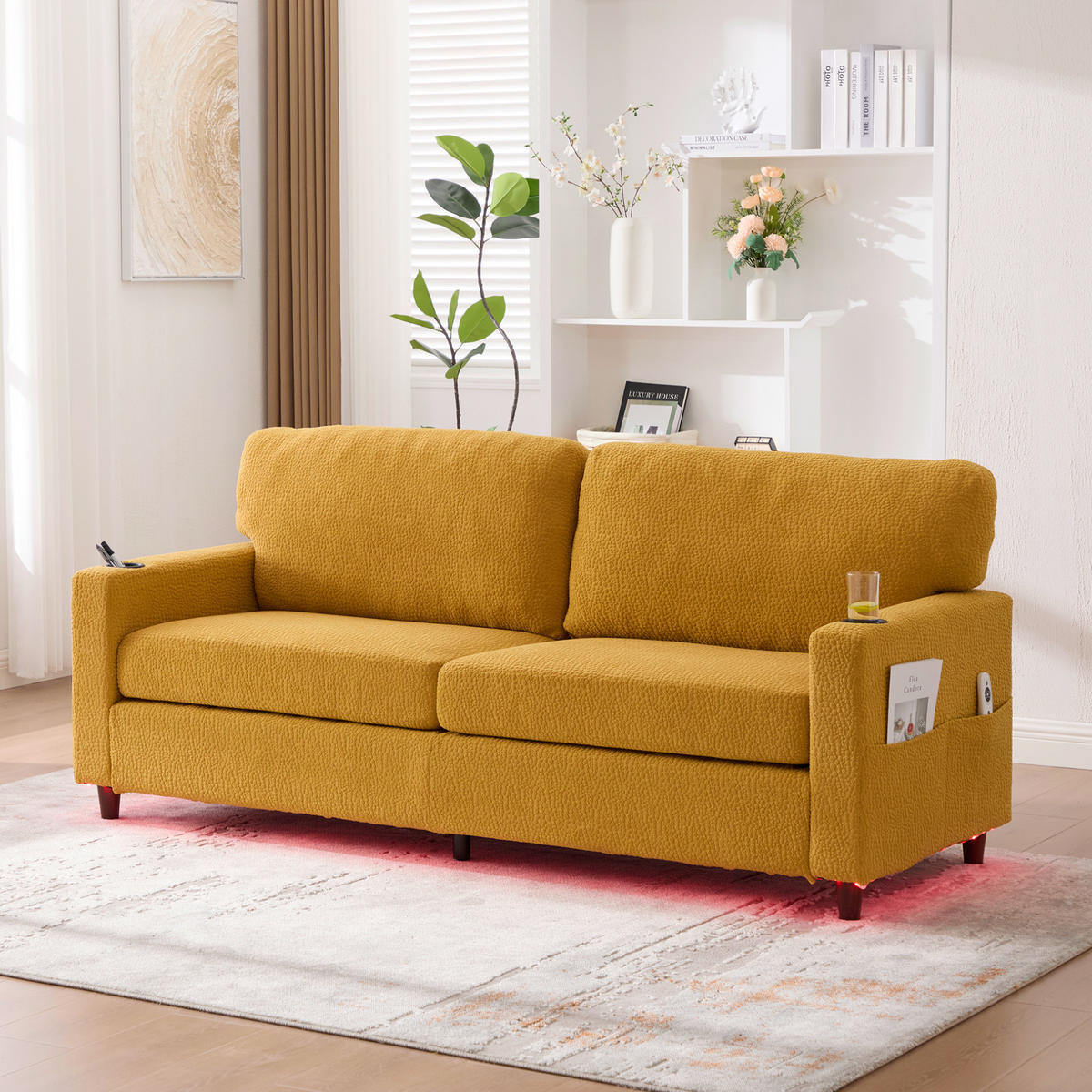 ZWEISITZER Sofa Chenille mit USB-Anschluss und LED Getränkehalter 203/77,5/86 cm Gelb - Gelb, Textil (77.5/86/203cm) - Redom
