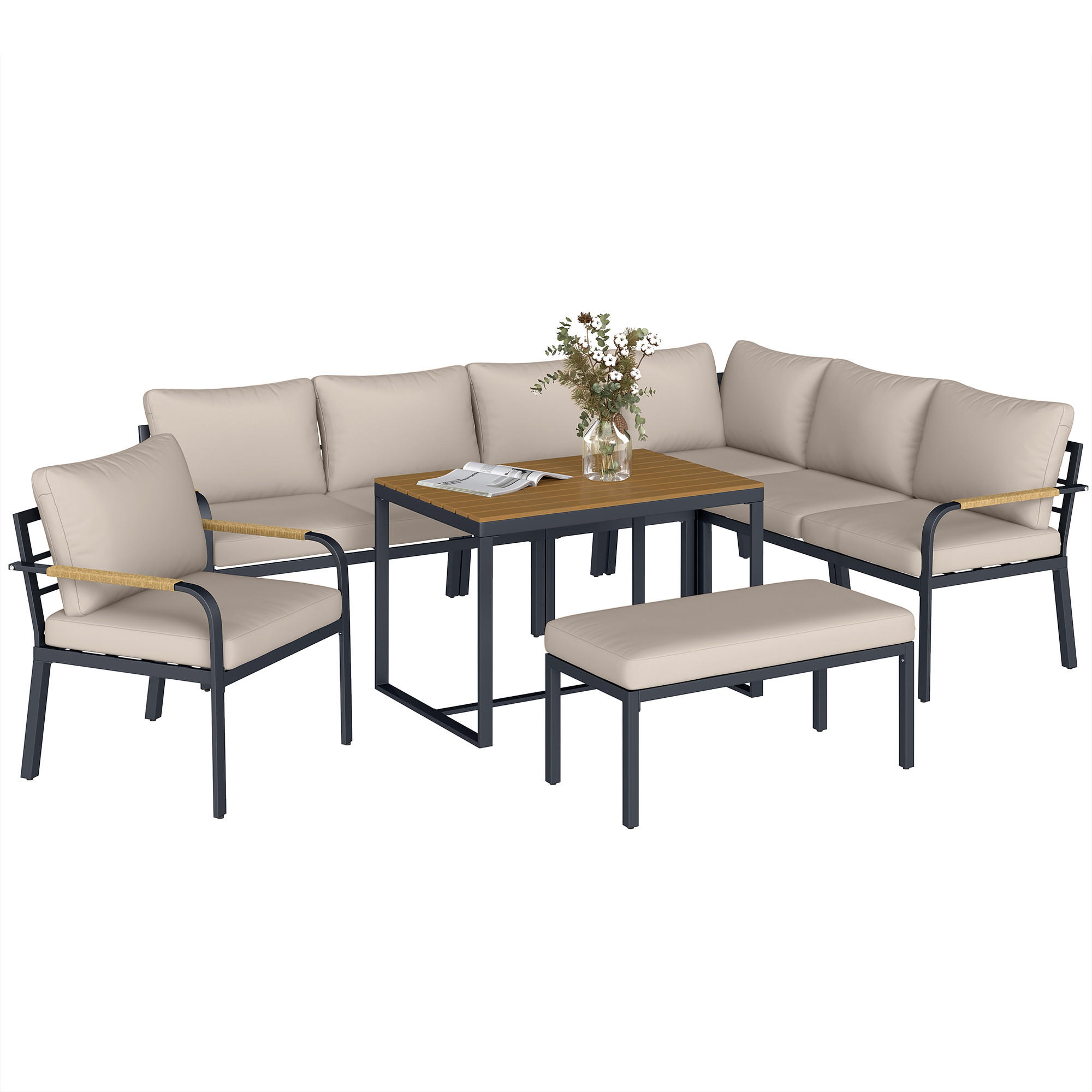 GARTENLOUNGE-SET 7tlg DE-13711 modular mit WPC-Tisch Beige & Grau - Mokka, Metall - ComfortXL
