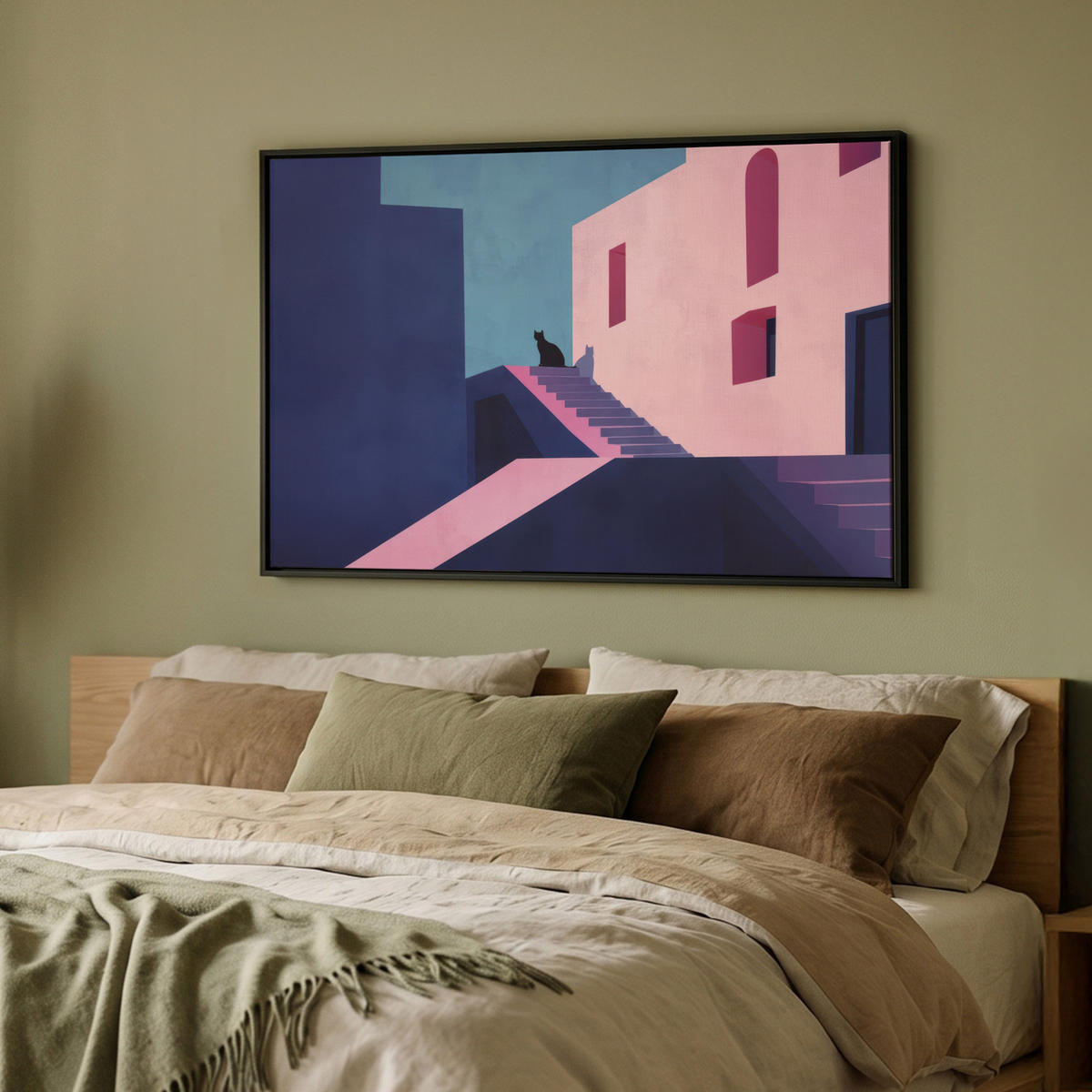 LEINWAND Bilder mit Rahmen - Katze - Treppe - Gebäude - Schattenkontraste - 90x60 - Dunkelblau, Textil (90/60cm) - MuchoWow
