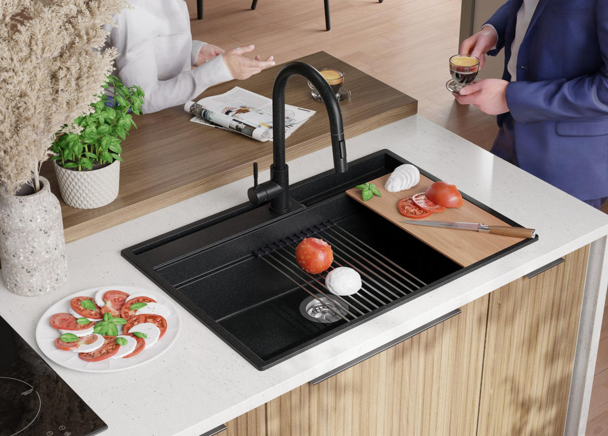 SPÜLBECKEN Oslo Pocket, 2-er set Anthrazit 78/53 cm 1 Becken + Ablauf-Set + Küchenzubehörset ab 80er Unterschrank - Chromfarben/Anthrazit, Kunststoff (78/20/53cm) - Primagran