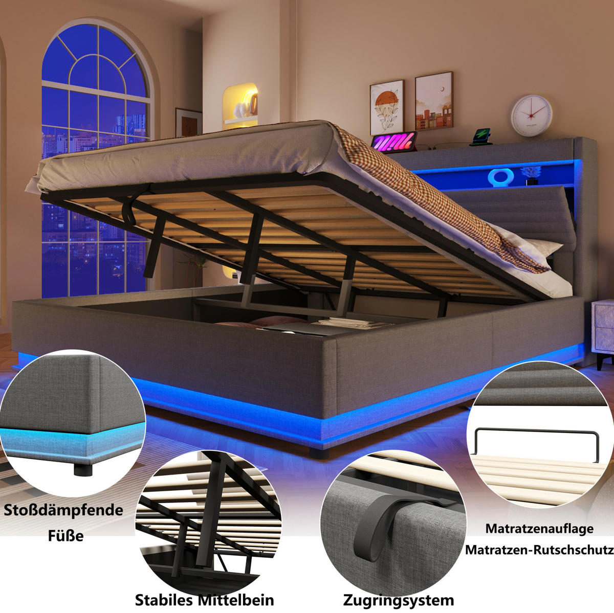 POLSTERBETT 180/200 cm Grau mit LED-Beleuchtung, USB- und Typ-C-Anschluss, hydraulischem Stauraum und Leinenbezug - Grau, Textil (180/200cm) - OKMYHOME
