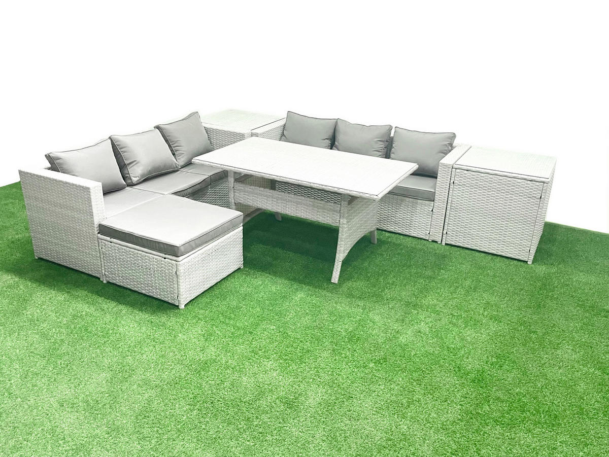 GARTENMÖBEL SET mit Esstisch,2 Beistelltischen Polyrattan Hellgrau 7-Sitzer - Hellgrau/Grau, Glas/Kunststoff - Fimous