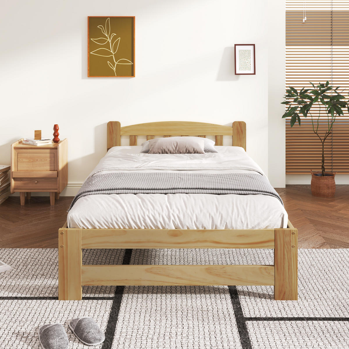 EINZELBETT 90/200 cm mit Kopfteil und Lattenrost aus massivem Kiefernholz, Natur - Naturfarben, Holz (90/200cm) - Redom
