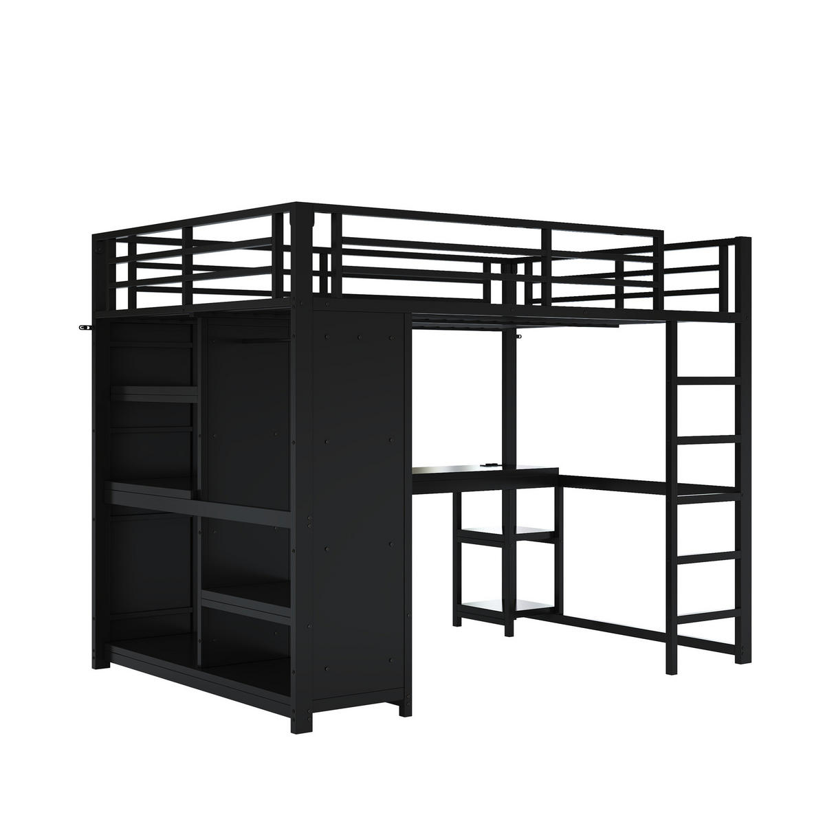HOCHBETT 140/200 cm aus Metall mit LED-Beleuchtung, Schreibtisch und Kleiderstange - Schwarz, Metall (140/200cm) - Flora Grace