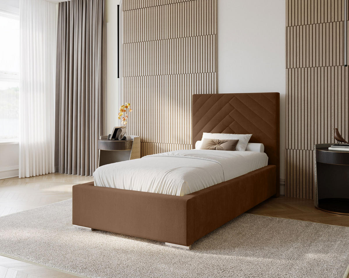 POLSTERBETT Aura 80x200 cm, Einzelbett mit Bettkasten und Lattenrost aus Holz, Velourstoff: Dunkelbraun - Dunkelbraun, Holz/Kunststoff (80/200cm) - Marpur