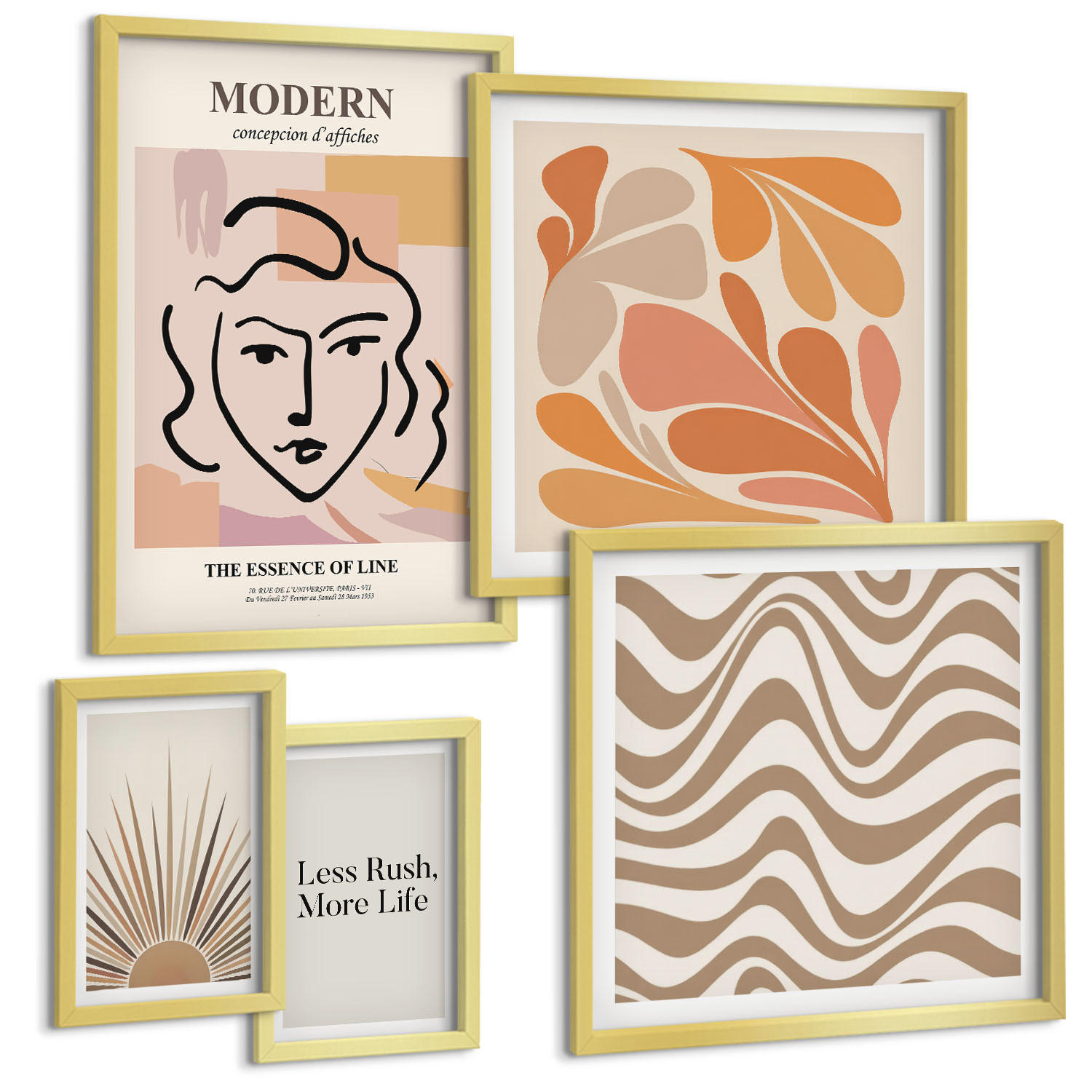BILDER SET 5er Set - 50x50 cm & 20x30 cm & 40x60 cm Goldrahmen - Sonnen-Boho-Pastelltönen - Goldfarben, Kunststoff (40/60cm) - TULUP