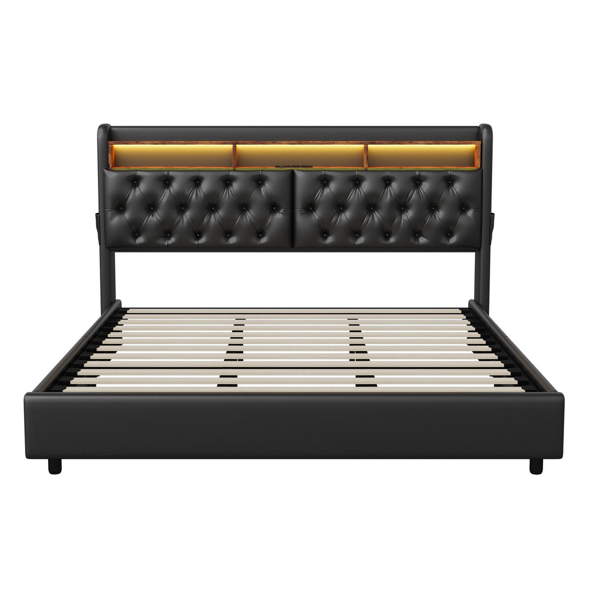 POLSTERBETT 180x200 cm, Großer Bett-Stauraum, LED-Leuchten & USB-Typ-C-Anschlüsse, PU-Leder in Schwarz - Schwarz, Holz (180/200cm) - BRILVERDE