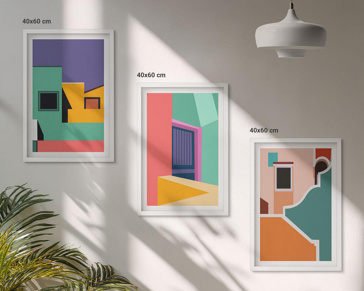 BILDER SET 3er Set - 40x60 cm Weißer Rahmen - Farbenfrohe Illustrationen der Stadt - Weiß, Kunststoff (40/60cm) - TULUP