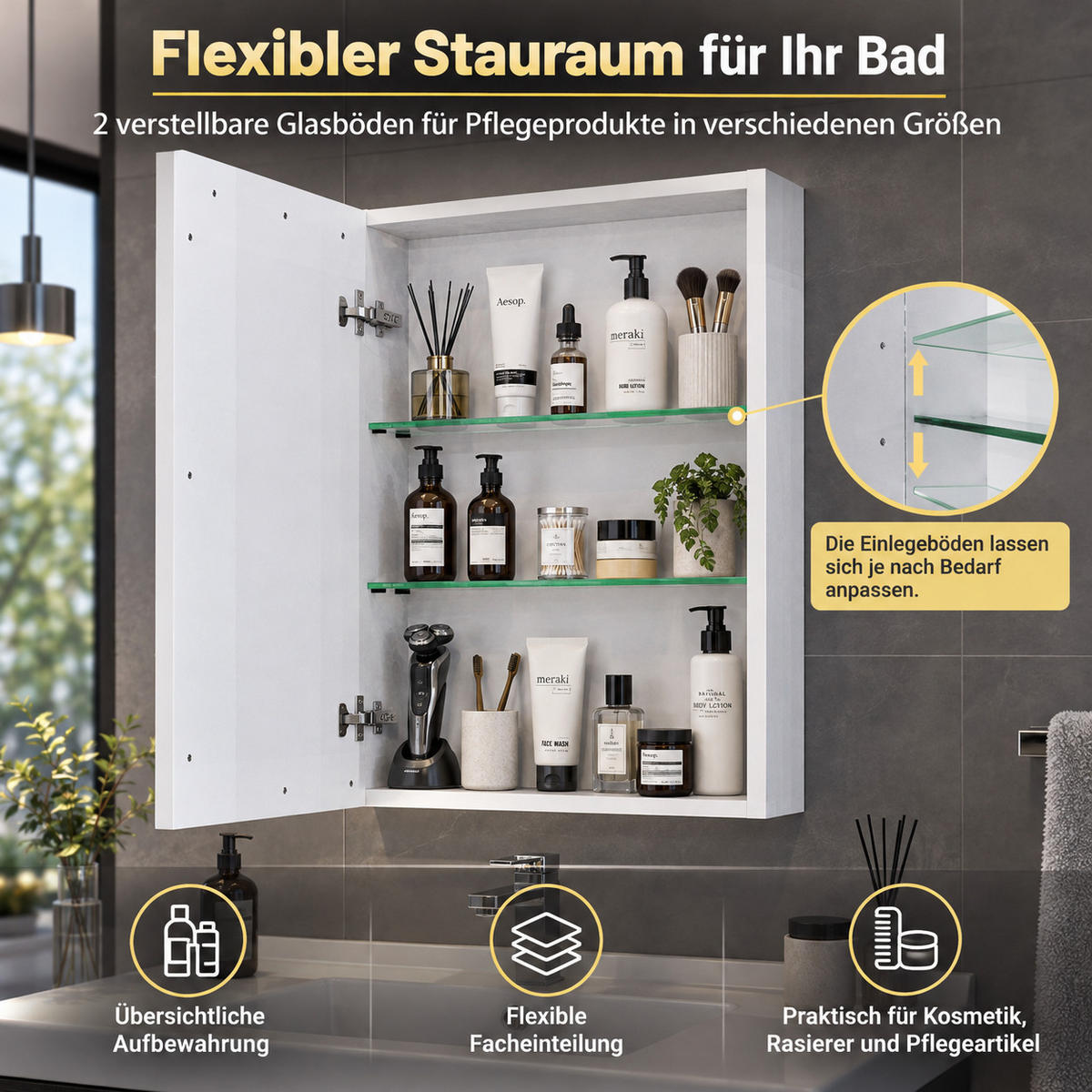 SPIEGELSCHRANK LED 50/70/12.5 cm Weiß, 1-türig, dimmbar, Touch-Schalter, 3 Lichtfarben, Badschrank mit Glasböden - Weiß, Glas (50/70/12.5cm) - Joyfair