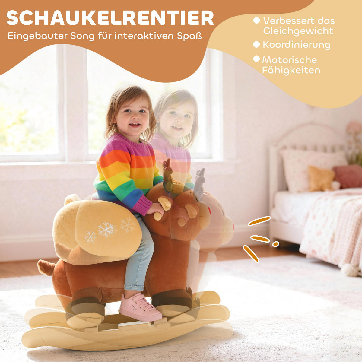 KINDER-SCHAUKELPFERD Rentier mit Schlafliedern Plüsch Braun - Braun, Textil (35/59/65cm) - AIYAPLAY