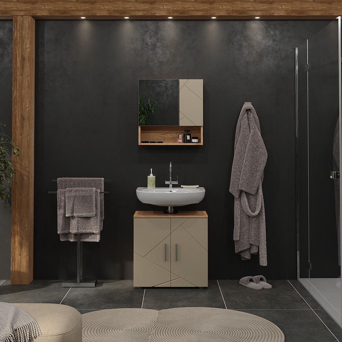 BADMÖBEL-SET Irma Goldkraft Eiche 2 Teile - Honigeiche/Beige, Holzwerkstoff (60/59/30cm) - Vicco