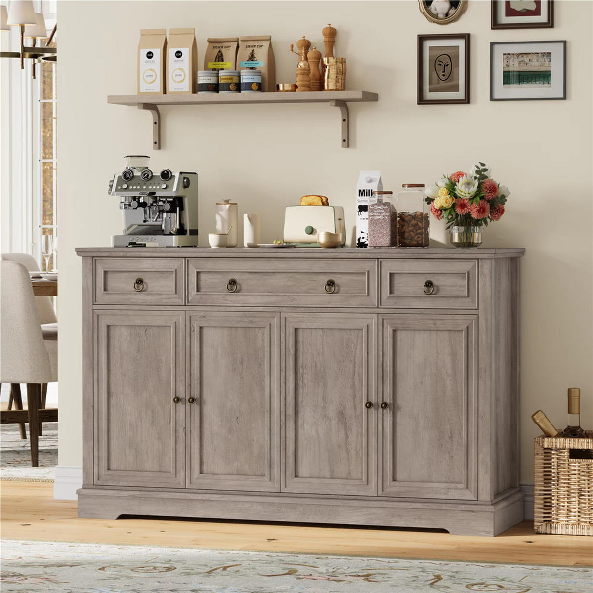 SIDEBOARD 134/87/40 cm Küchenschrank mit 3 Schubladen, Retro - Hellbraun, Holz (134/87/40cm) - Coonoor