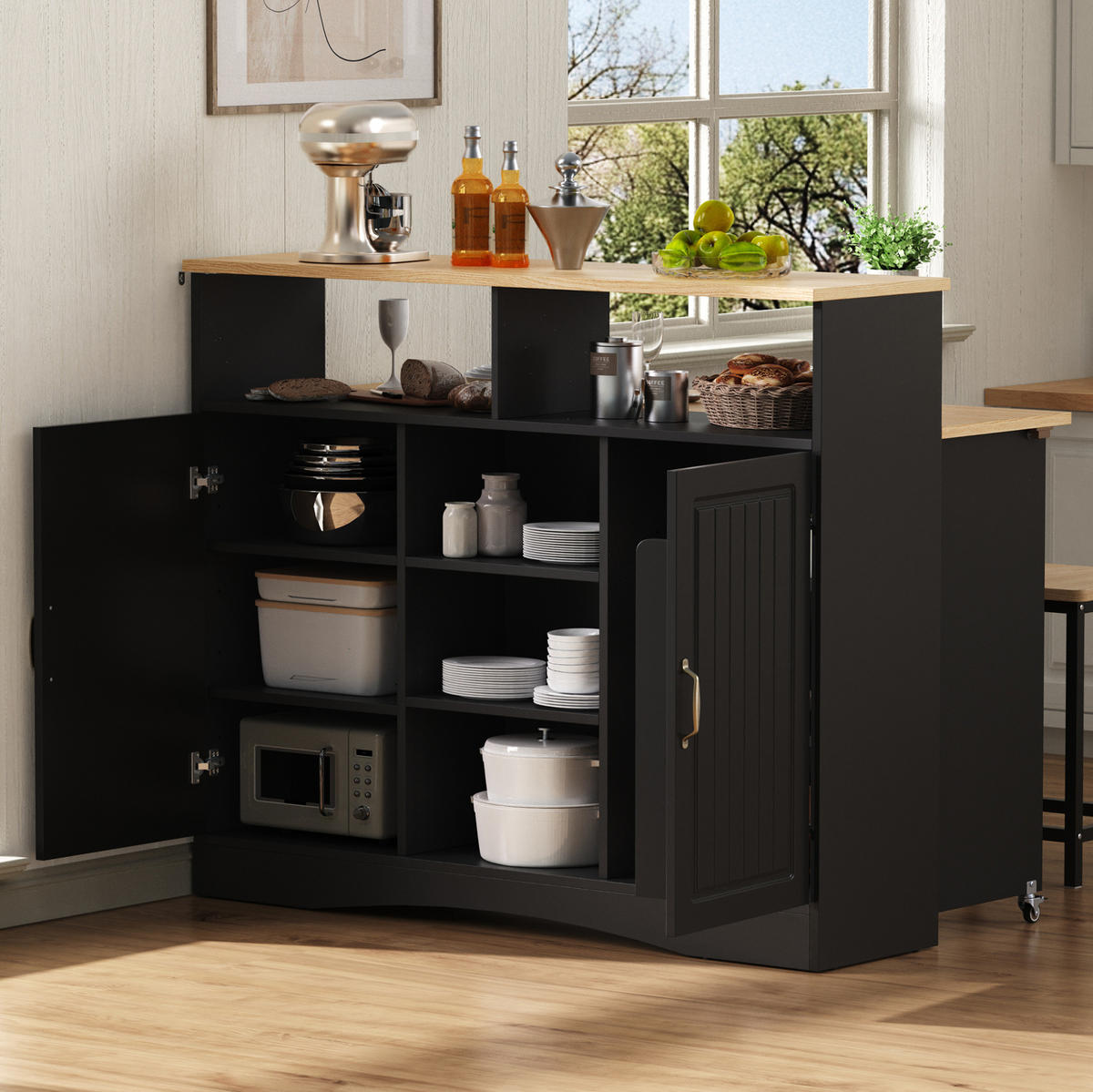 KÜCHENINSEL & Sideboard 110x68x97.5cm Schwarz mit Klappplatte & 2 Hockern - Schwarz, Holzwerkstoff (110/97.5/68cm) - Modfu