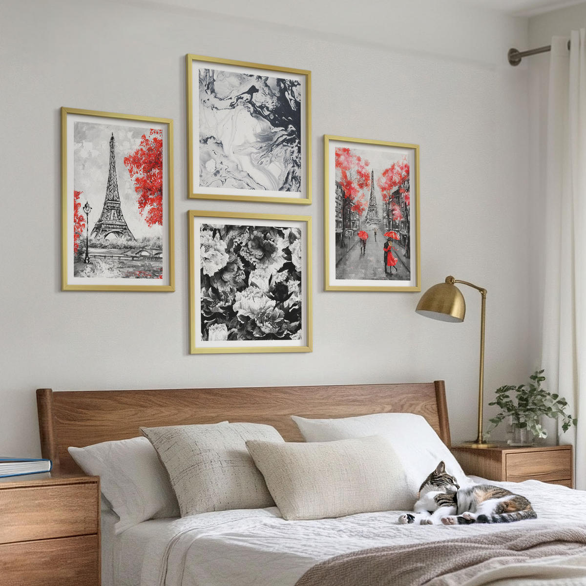 BILDER SET 4er Set - 50x50 cm & 40x60 cm Goldrahmen - graue Gemälde des Eiffelturms - Goldfarben, Kunststoff (50/50cm) - TULUP
