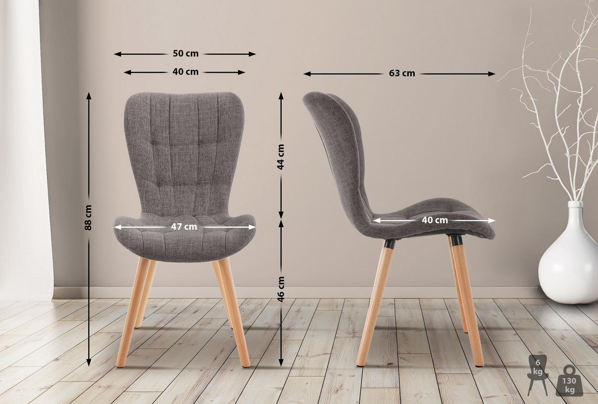 STUHL 2er Set Stoff hellgrau - Eukalyptusholzfarben/Hellgrau, Holz/Textil (50/88/63cm) - CLP