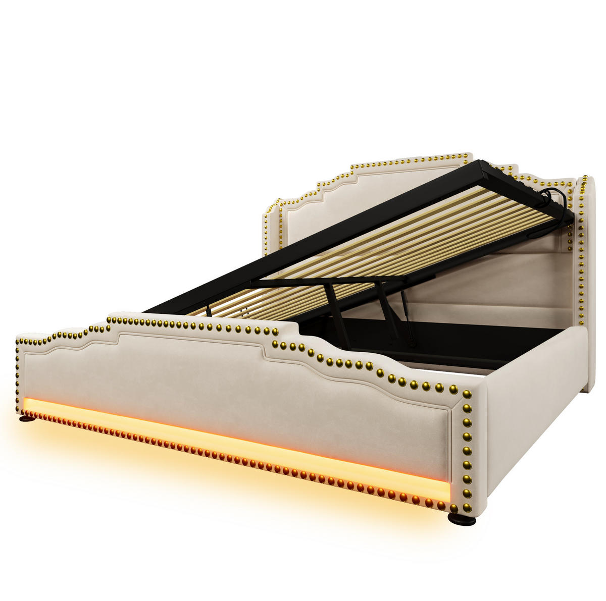 POLSTERBETT 140/200 cm mit hydraulischem Bettkasten, LED & USB/USB‑C, Samt Beige - Beige, Textil (140/200cm) - Redom