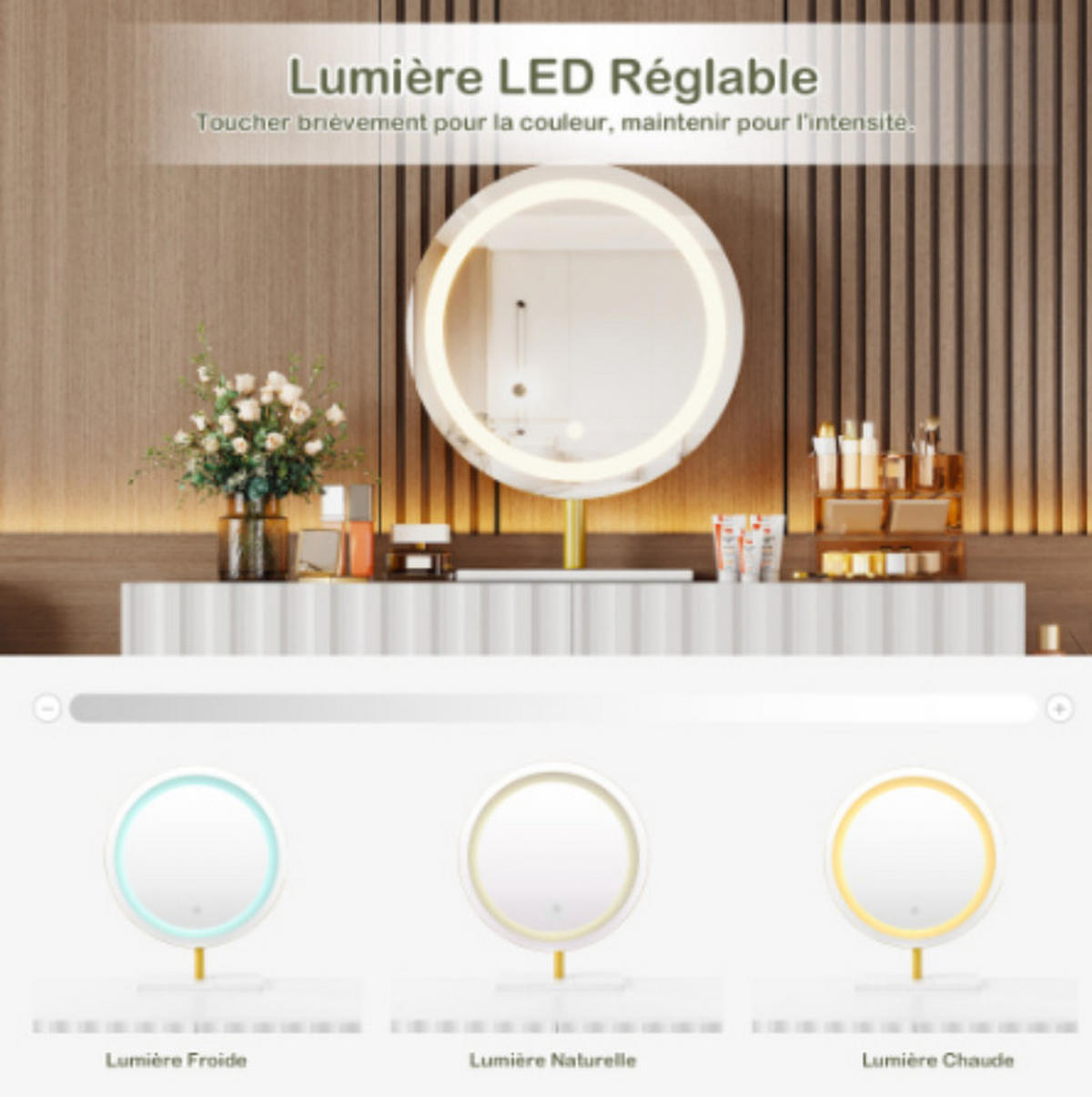 SCHMINKTISCH mit verstellbarem LED-Spiegel, weiß, B100/H127/T40 cm - Weiß, Holzwerkstoff (40/127/100cm) - Vallsero