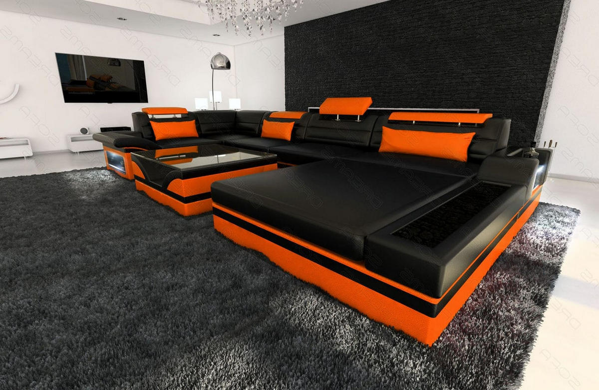 SOFA Mezzo U Schwarz Orange Echtleder - Schwarz, Leder (372/78/214cm)