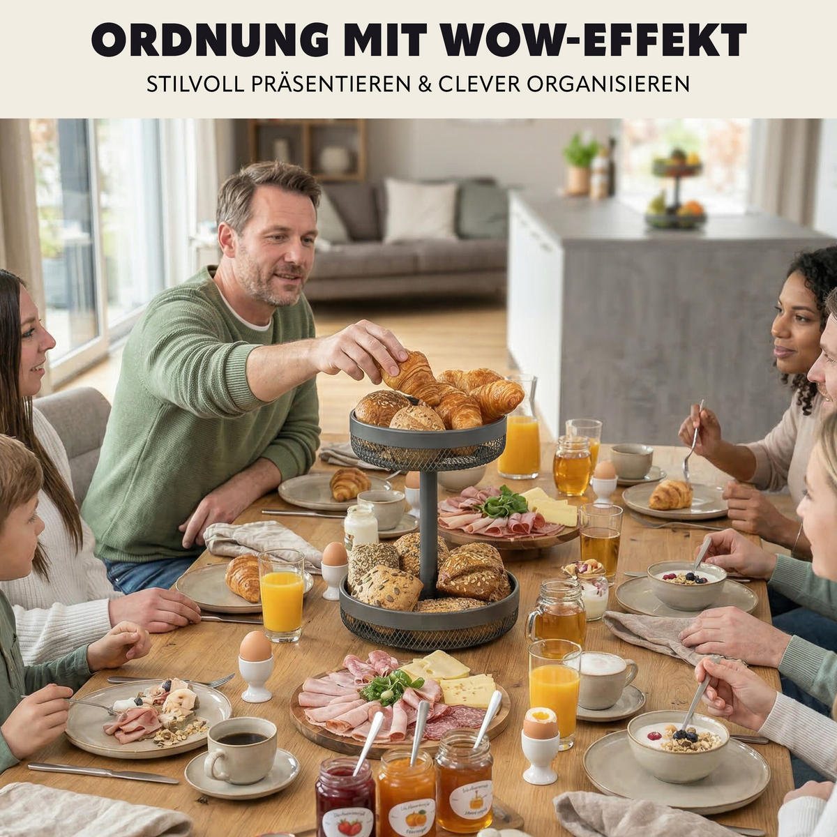 OBSTETAGERE, rund, 2-stöckig, Ø 20 cm und 25 cm, grau, Metall - Grau, Metall (25/31cm) - eluno