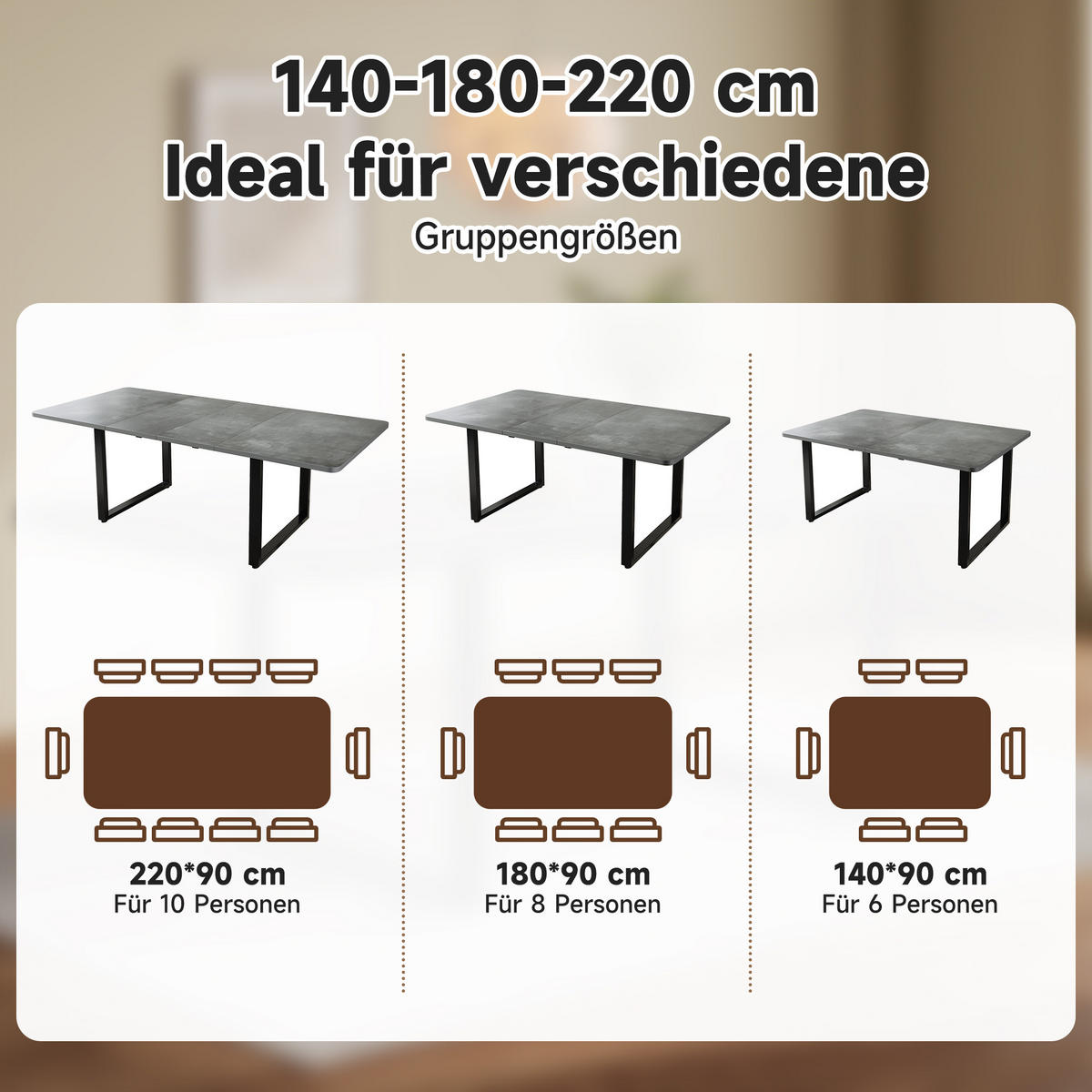 ESSTISCH Ausziehbar 3 Längen Grau Metallbeine 140-220x90cm - Grau, Holzwerkstoff (220/90/75cm) - FLIEKS