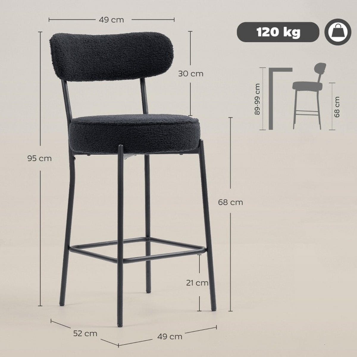 BARHOCKER 2er-Set mit Fleece-Bezug, gepolstertem Sitz und Fußstütze, Schwarz - Schwarz, Metall (49/95/52cm) - MIVRAY