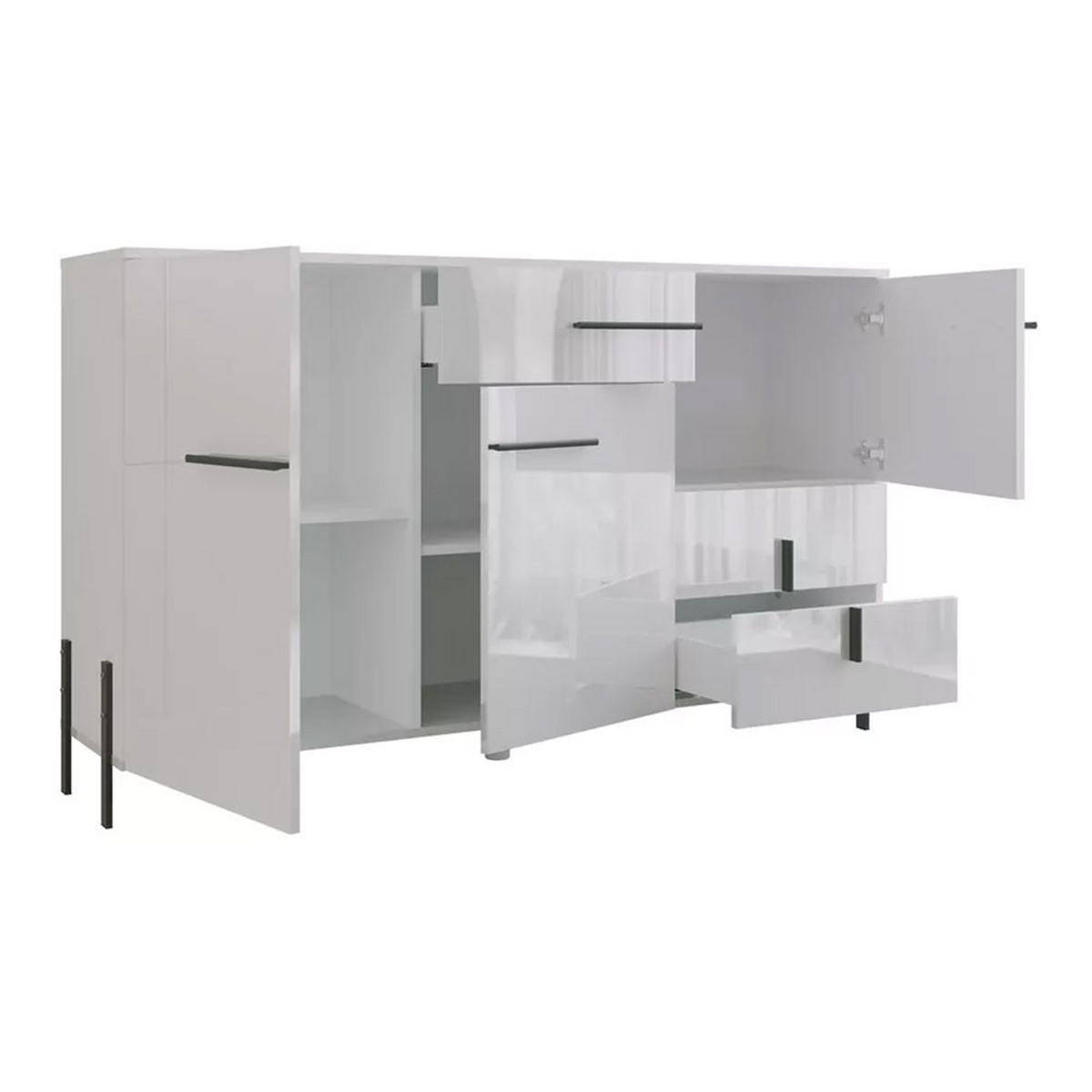 KOMMODE Vigo weiß / weiß Hochglanz 150 / 40 / 91cm - Weiß Hochglanz/Schwarz, Holz/Holzwerkstoff (150/91/40cm) - Feldmann-Wohnen