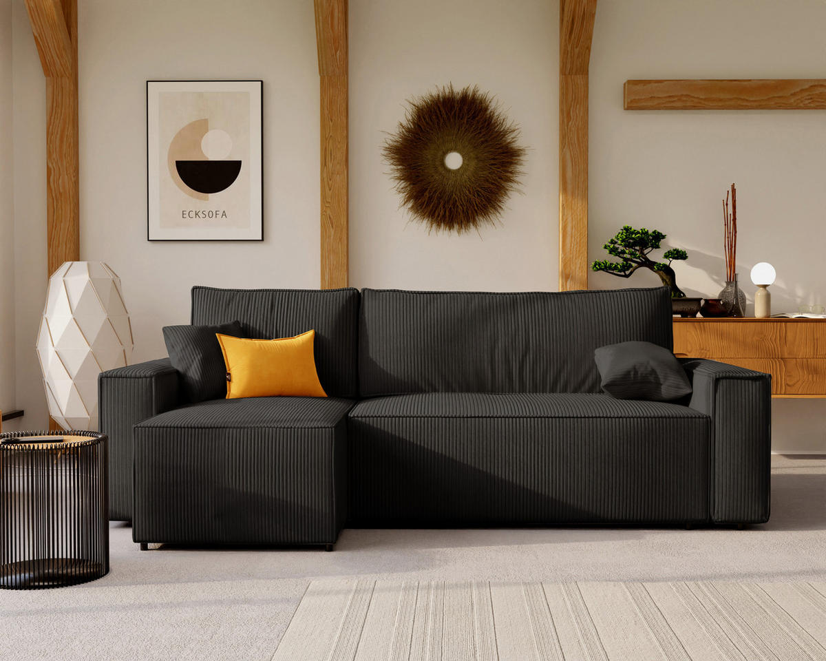 ECKSOFA Paris mit Schlaffunktion Cord - Schwarz, Textil (244/155cm) - Idohome