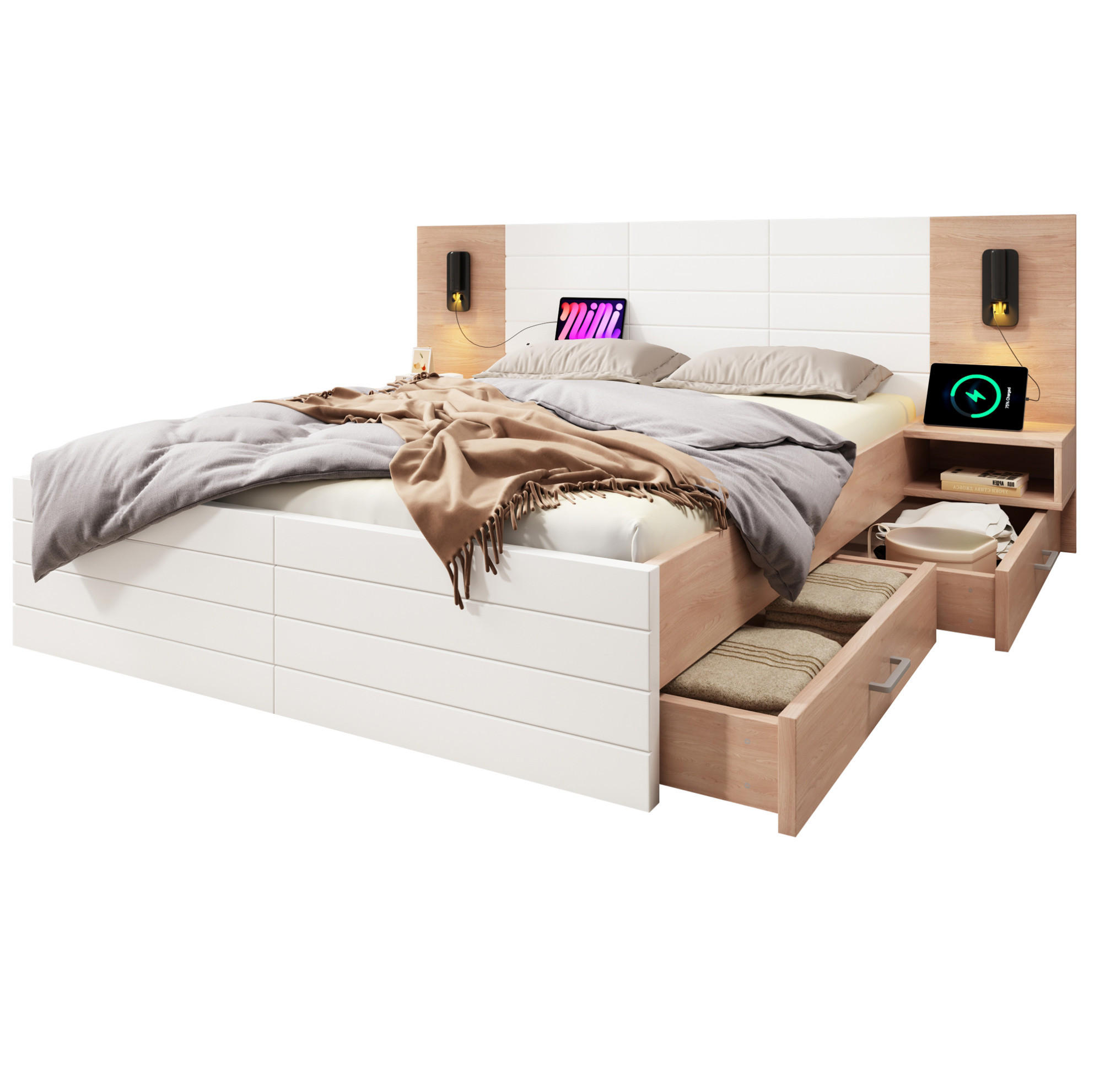 Redom POSTEL 160/200 cm s čelem, čtecím světlem, USB nabíjením a úložným prostorem, Bílá / Dub světlý