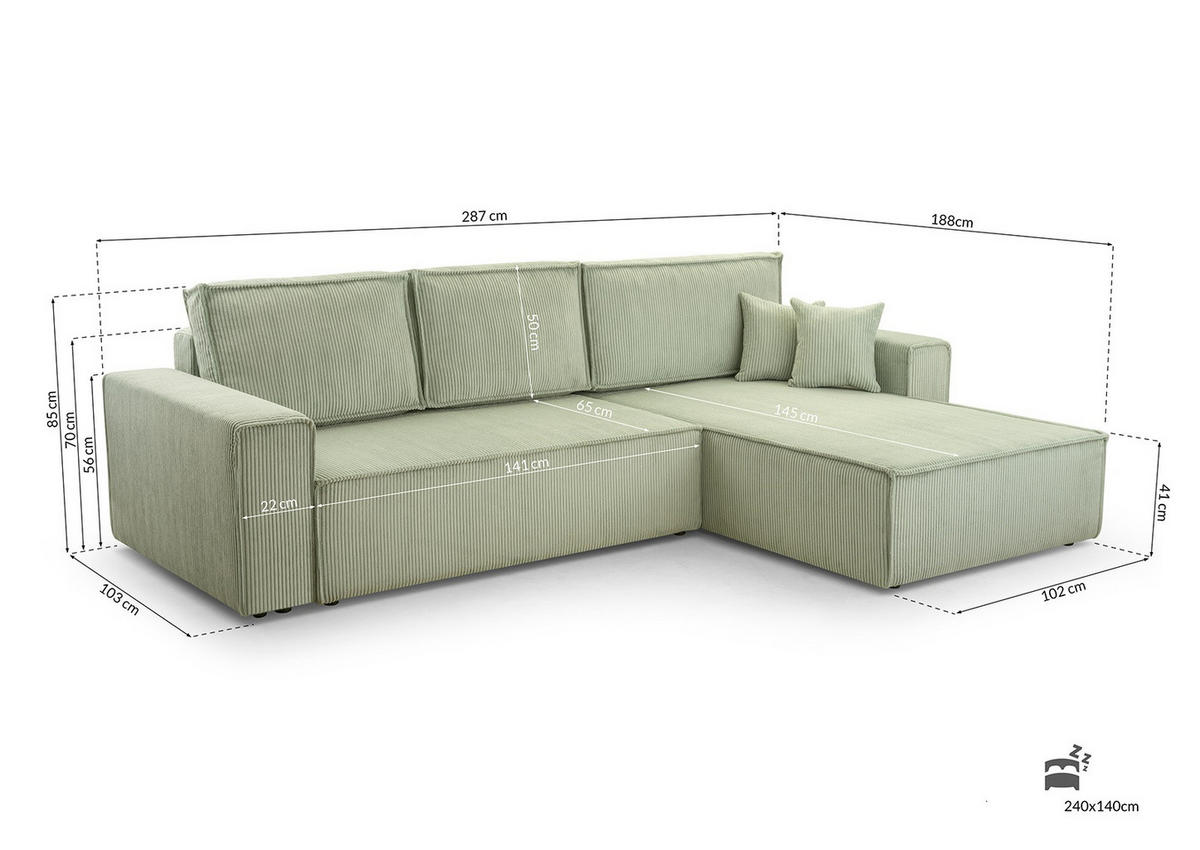 ECKSOFA XL ANGO Cord BEIGE - Beige/Schwarz, Kunststoff/Textil (287/188cm) - Luxkor24
