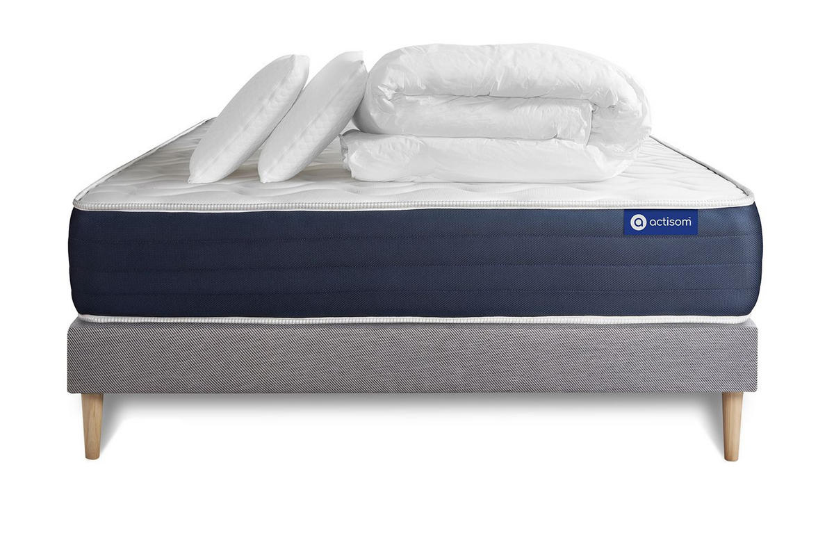 BETT Actiflex sleep Taschenfederkern und Memory-Schaum 140 x 200 cm h2 - Kit Bettgestell Grau - Mit Kissen und Bettdecke - Beige/Grau, Holz/Textil (140/200cm) - ACTISOM
