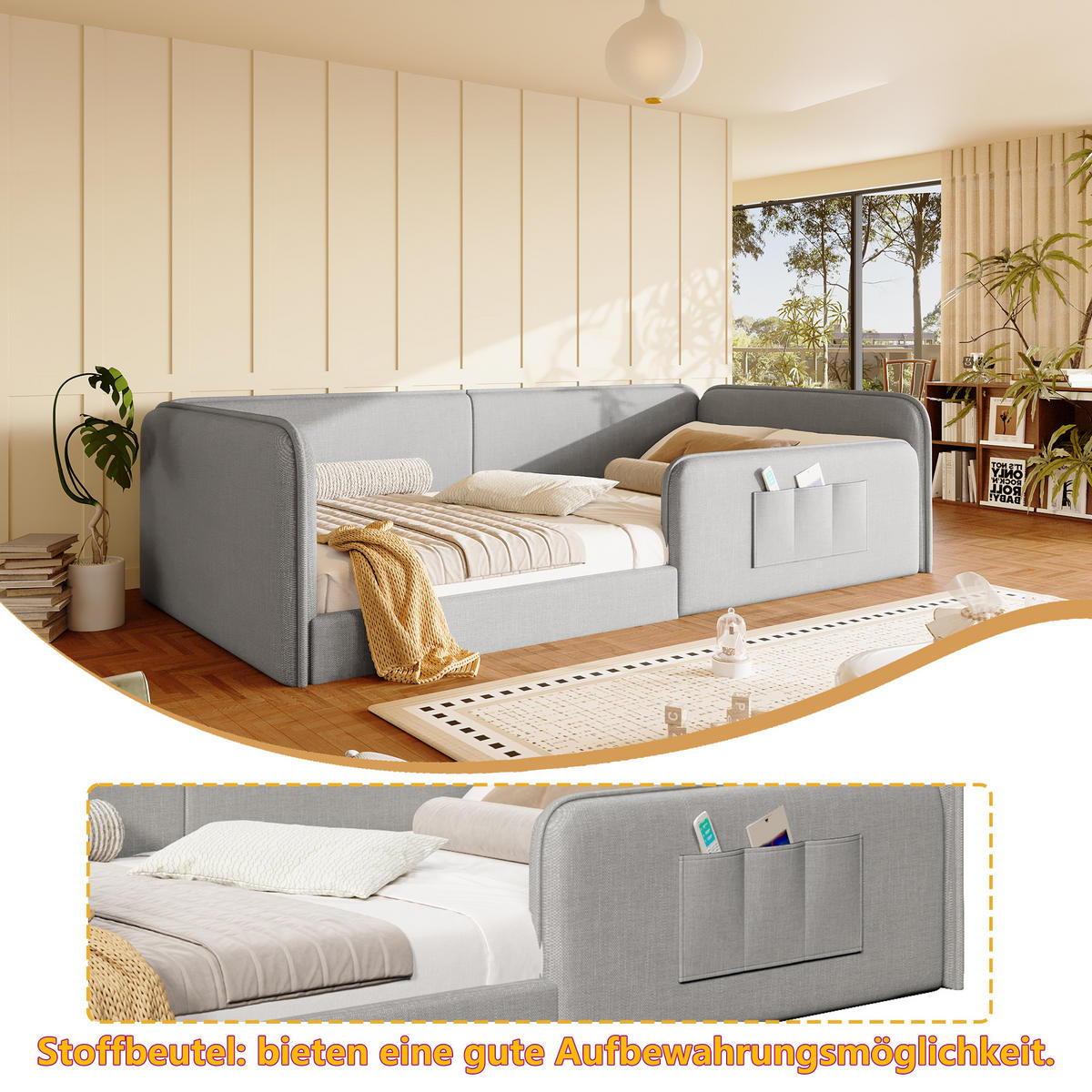 POLSTERBETT 90/200 cm in Grau mit Leinenbezug, Schaumstoffpolsterung, Rundum-Sicherheitsrahmen und Aufbewahrungstaschen - Grau, Holzwerkstoff/Textil (90/200cm) - STILVORA