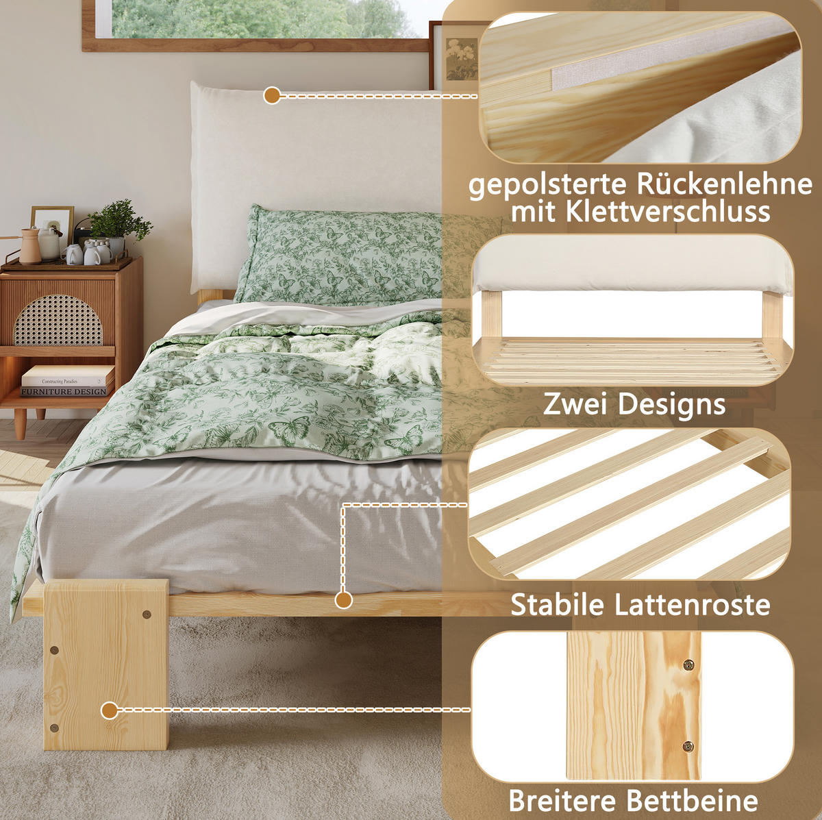 POLSTERBETT 90/200 cm aus Kiefernholz mit gepolsterter Rückenlehne, stabilen Lattenrosten und breiten Bettbeinen, Natur - Naturfarben, Textil (90/200cm) - Redom