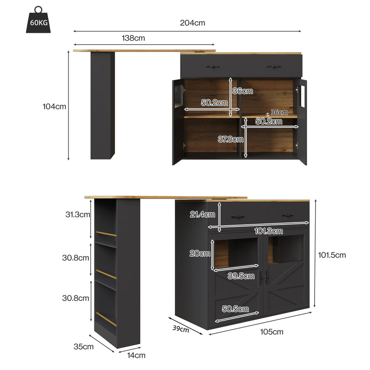 SIDEBOARD 138-204 cm, 360° drehbar, Regale, Schwarz - Schwarz, Holz (204/104/39cm)