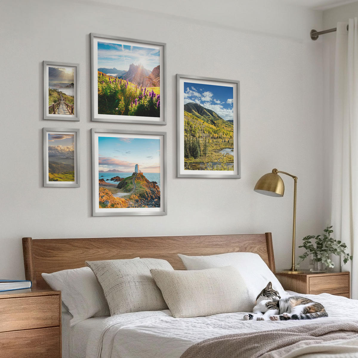 BILDER SET 5er Set - 50x50 cm & 20x30 cm & 40x60 cm Silberner Rahmen - Berglandschaften Wasserfall - Silberfarben, Kunststoff (40/60cm) - TULUP