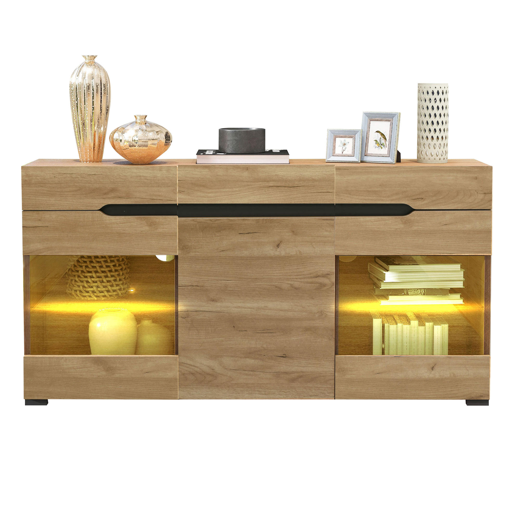 OKWISH BOČNÍ skříň 140/35/80 cm dubová z dřevotřísky s LED osvětlením a úložnými přihrádkami
