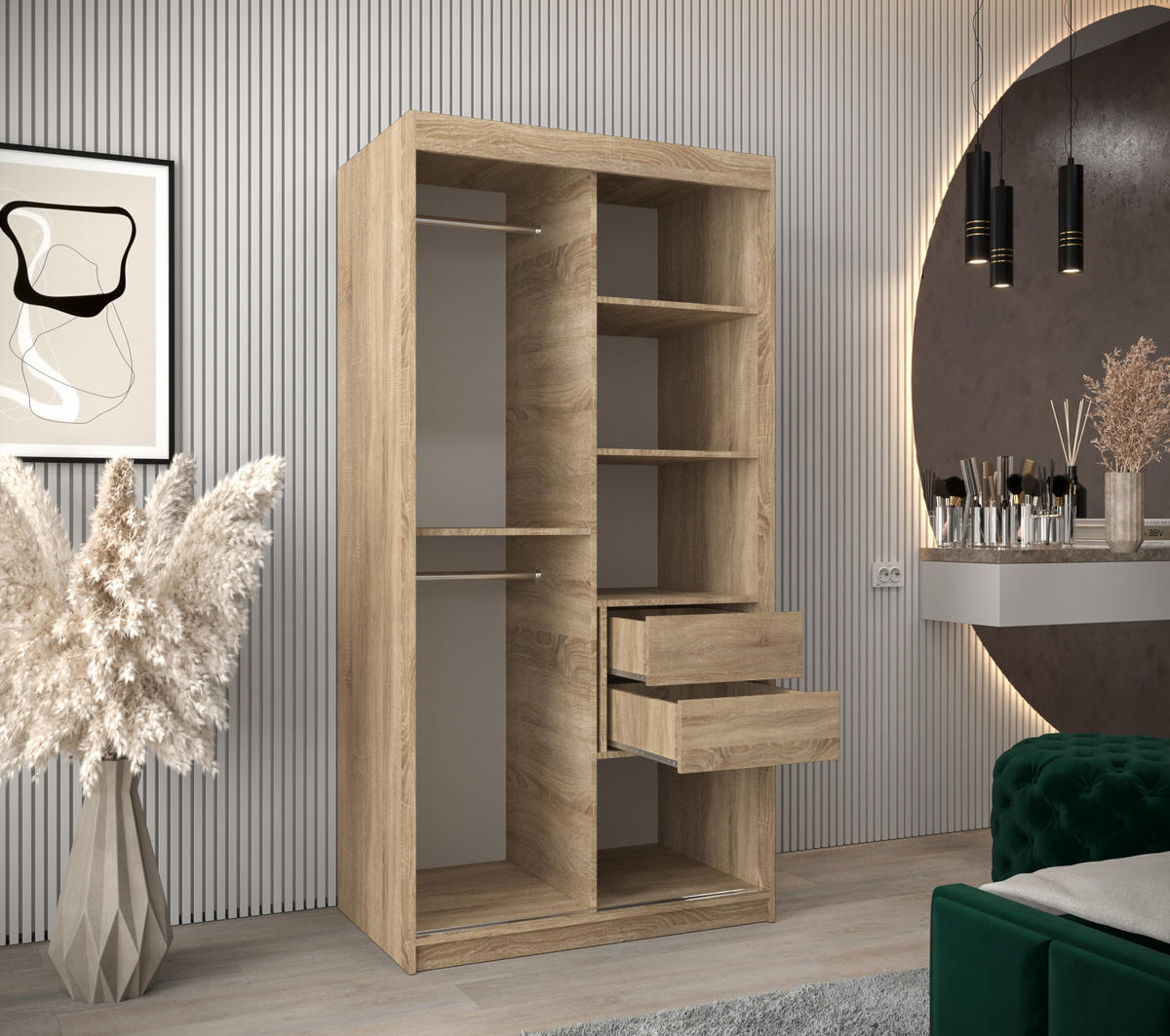 SCHIEBETÜRENSCHRANK - Kleiderschrank MALTESE 100 Sonoma + schubladen - Sonoma Eiche, Holzwerkstoff (100/200/62cm) - Möblo