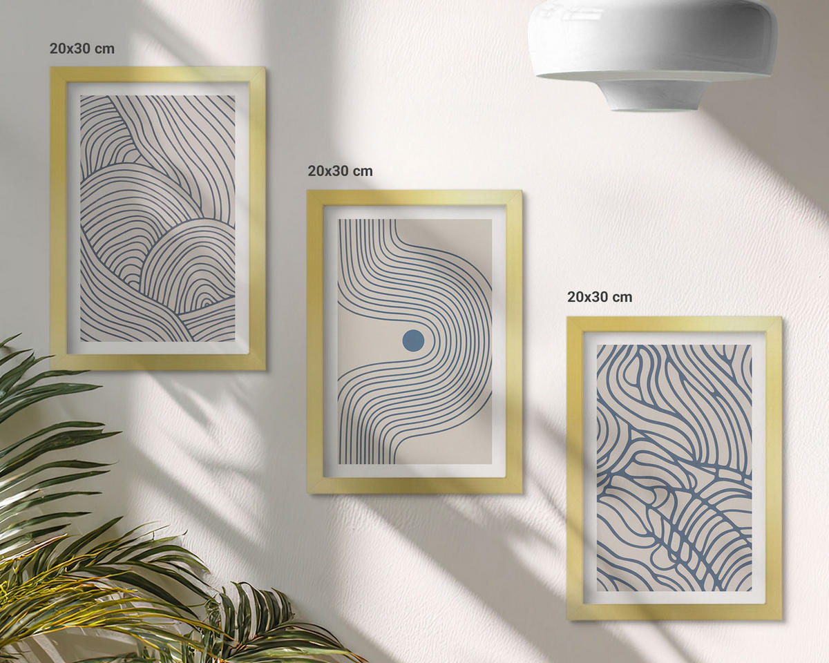 WANDBILDER 3er Set - 20x30 cm Goldrahmen - Abstrakte Linien, Wellenformen - Goldfarben, Kunststoff (20/30cm) - ArtPrintCave