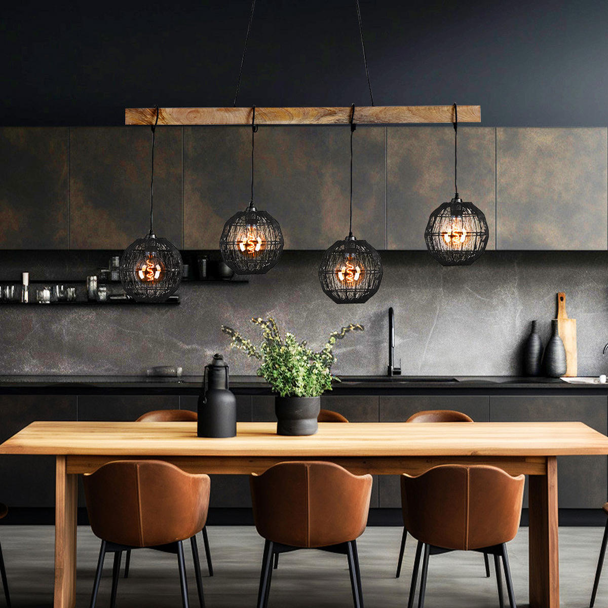 HÄNGELEUCHTE Metall Braun Holz 4-flammig - Braun, Holz (100/20/140cm) - Globo Lighting