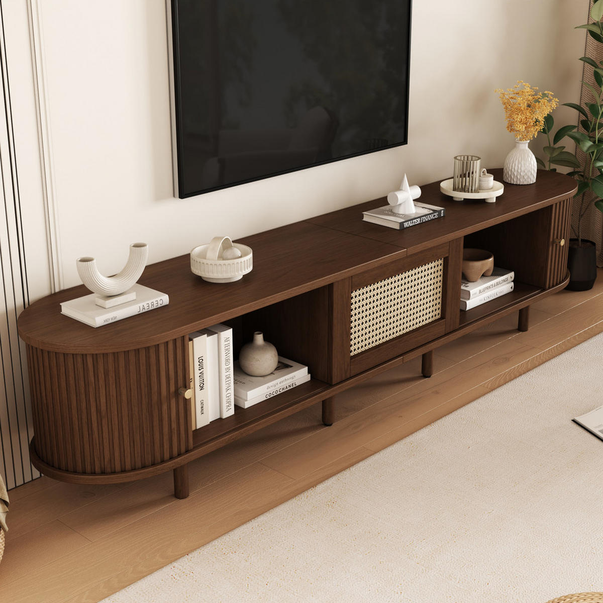 TV-STÄNDER 180cm Oval Nussbaum Rattan-Design verstellbare Füße - Braun, Holz (49.5/14.5/120cm) - FLIEKS