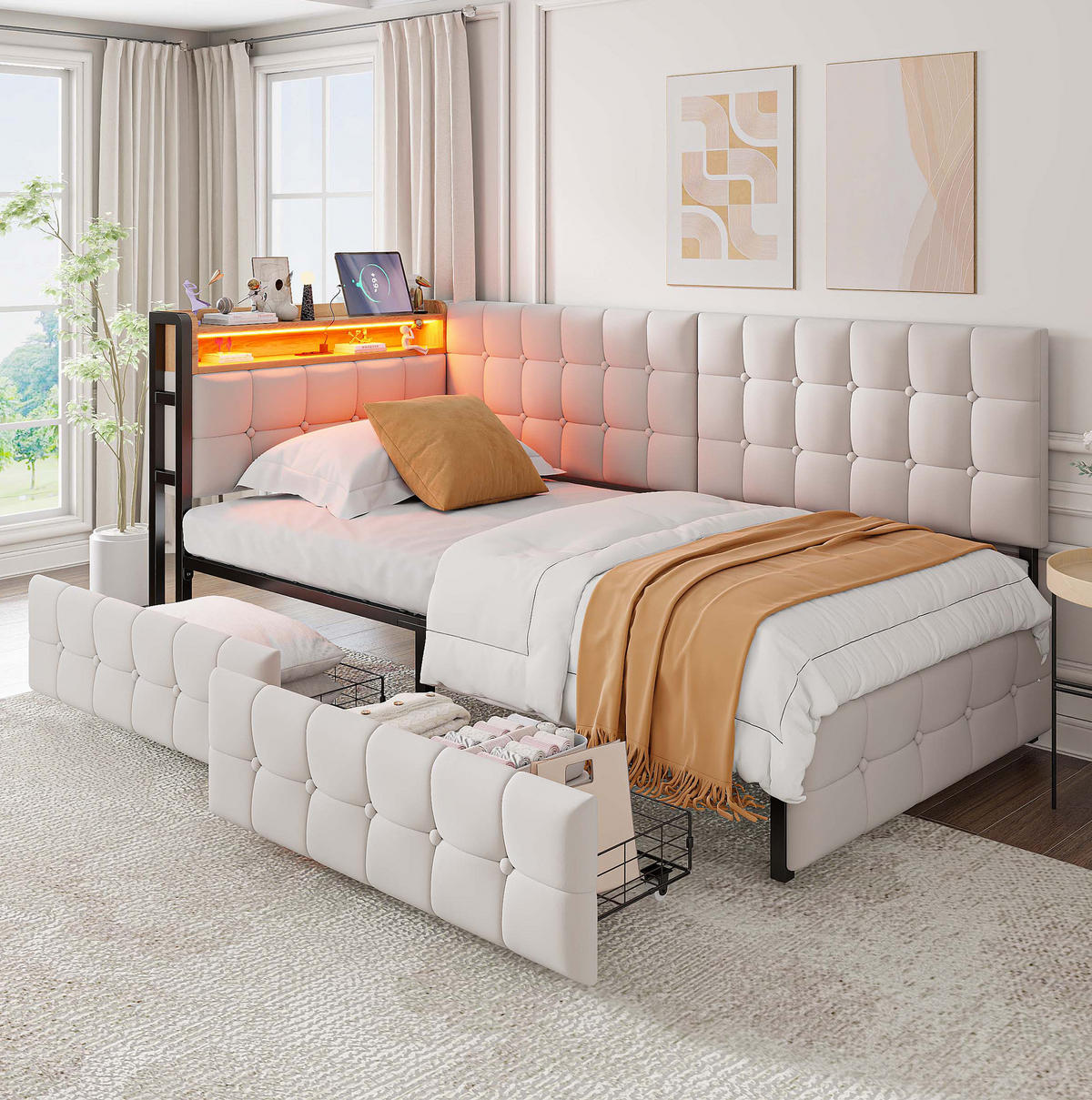 POLSTERBETT 90/200 cm in Beige mit 2 Schubladen und LED-Beleuchtung - Beige, Textil (90/200cm) - Flora Grace