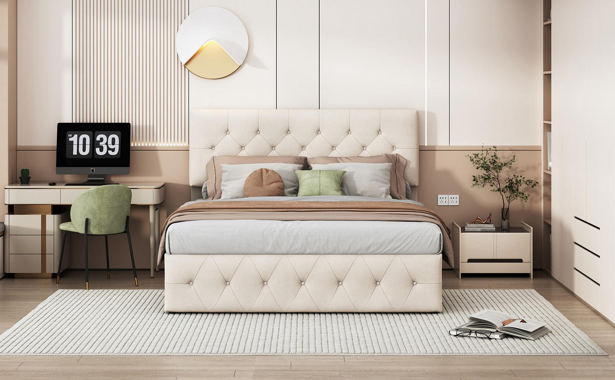 POLSTERBETT 140x200 Aprikose Samt Gasdruckfeder - Beige, Metall (140/200cm) - SHOPENTRA