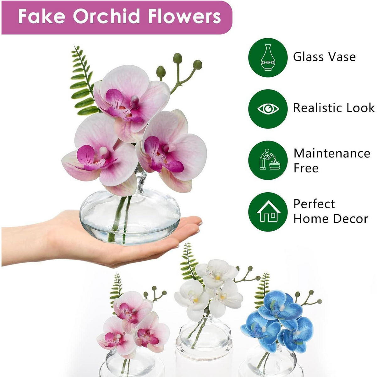 KUNSTBLUMEN 3er Set Kunstorchidee Phalaenopsis mit Glasvase Rosa - Rosa, Kunststoff (12cm)
