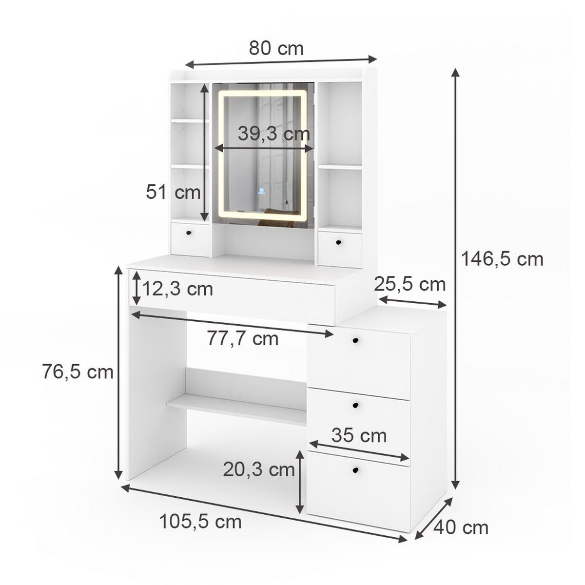 SCHMINKTISCH Livora Weiß 105.5 cm mit LED-Spiegel - Weiß, Holzwerkstoff (105.5/146.5/40cm) - Vicco