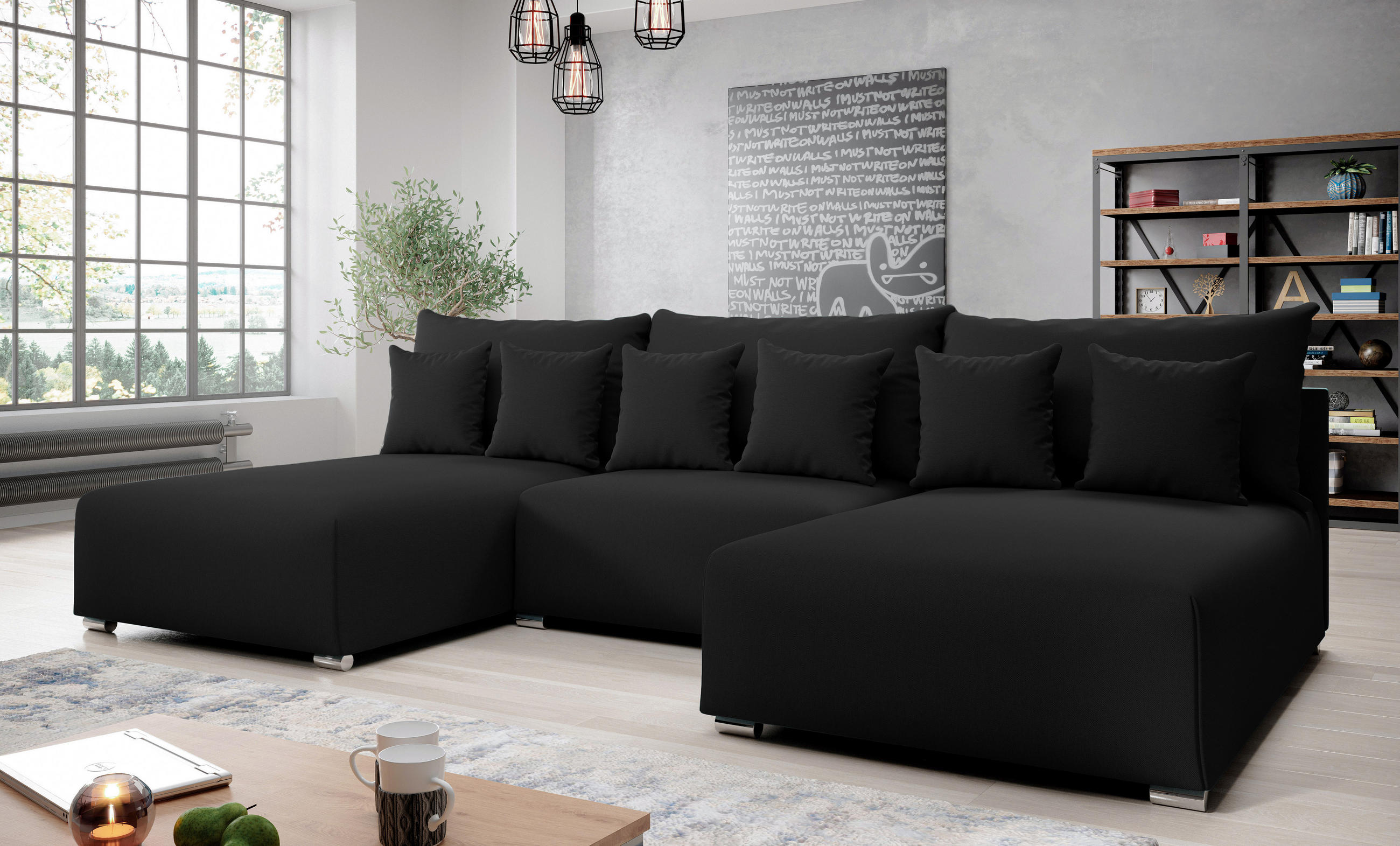 WOHNLANDSCHAFT Ederra U Dunkelgrau Stoff 300/190/91 cm – großes Sofa mit Schlaffunktion - Dunkelgrau/Silberfarben, Textil/Metall (300/91/190cm) - AX Living