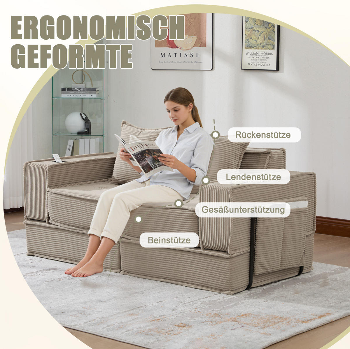 2-SITZER-SOFA aus Cord 162x78x66 cm Khaki mit 2 Kissen und Seitentaschen, modular und familienfreundlich - Beige, Textil (162/66/78cm) - Modfu