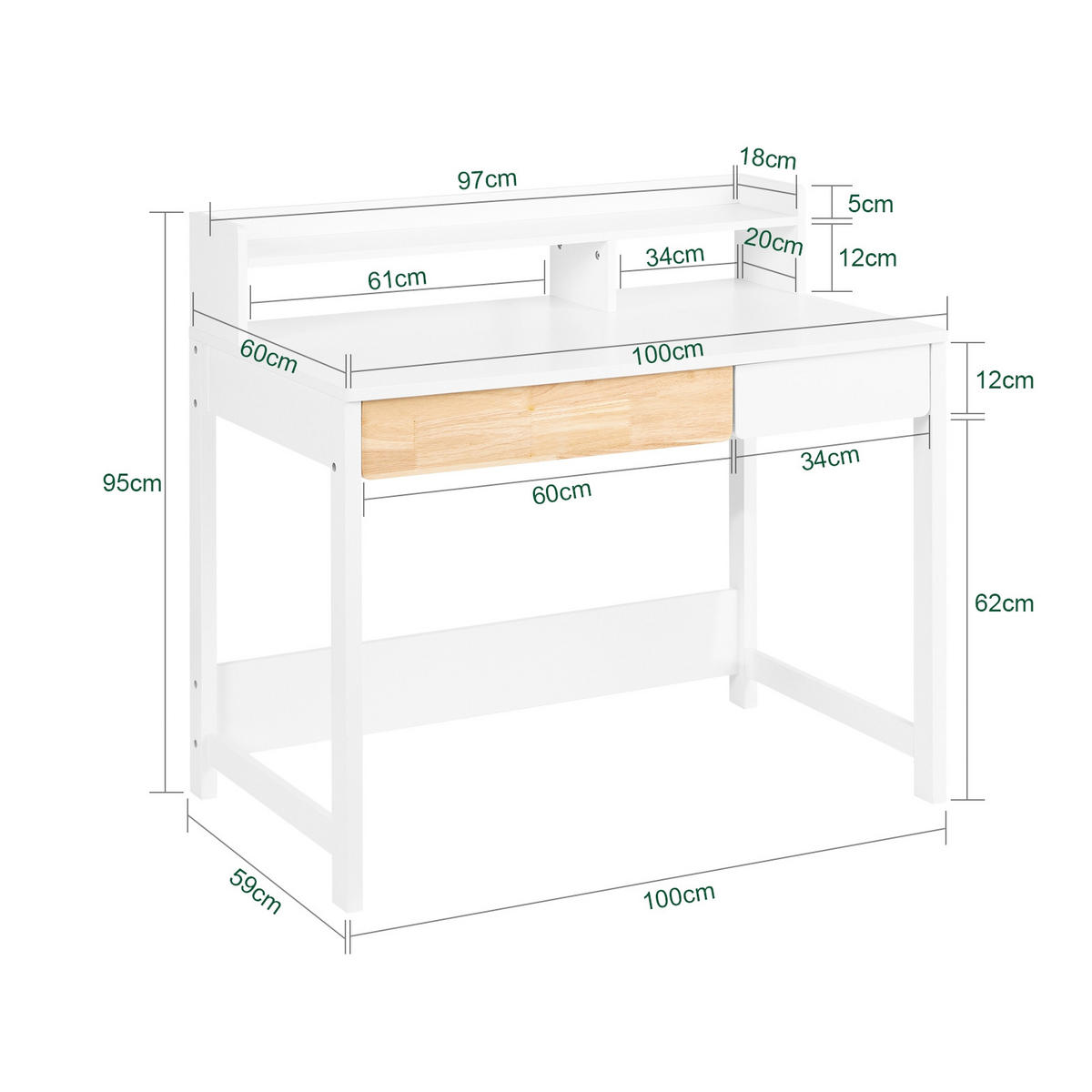 SCHREIBTISCH Weiß-Natur - Weiß/Naturfarben, Holzwerkstoff (59/100/95cm) - SoBuy
