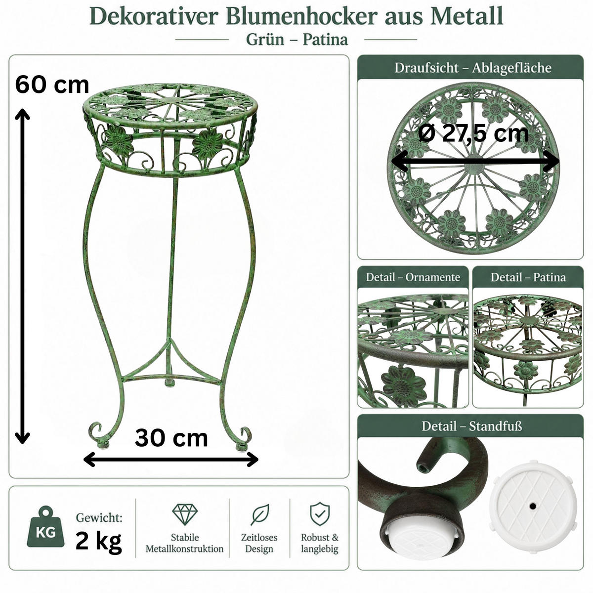 BLUMENHOCKER rund Metall Grün antik 30/30/60 cm - Grün, Metall (30/60/30cm) - DanDiBo