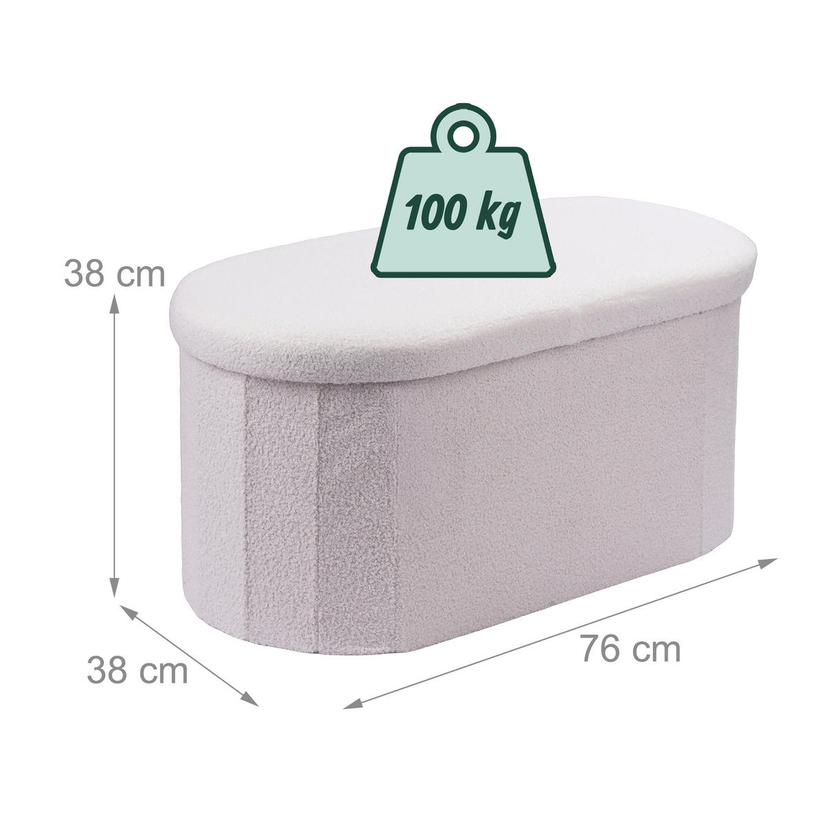 LAVICE Bílá s úložným prostorem teddy čalounění 76 cm - bílá, kompozitní dřevo/textil (76/38/38cm) - Relaxdays