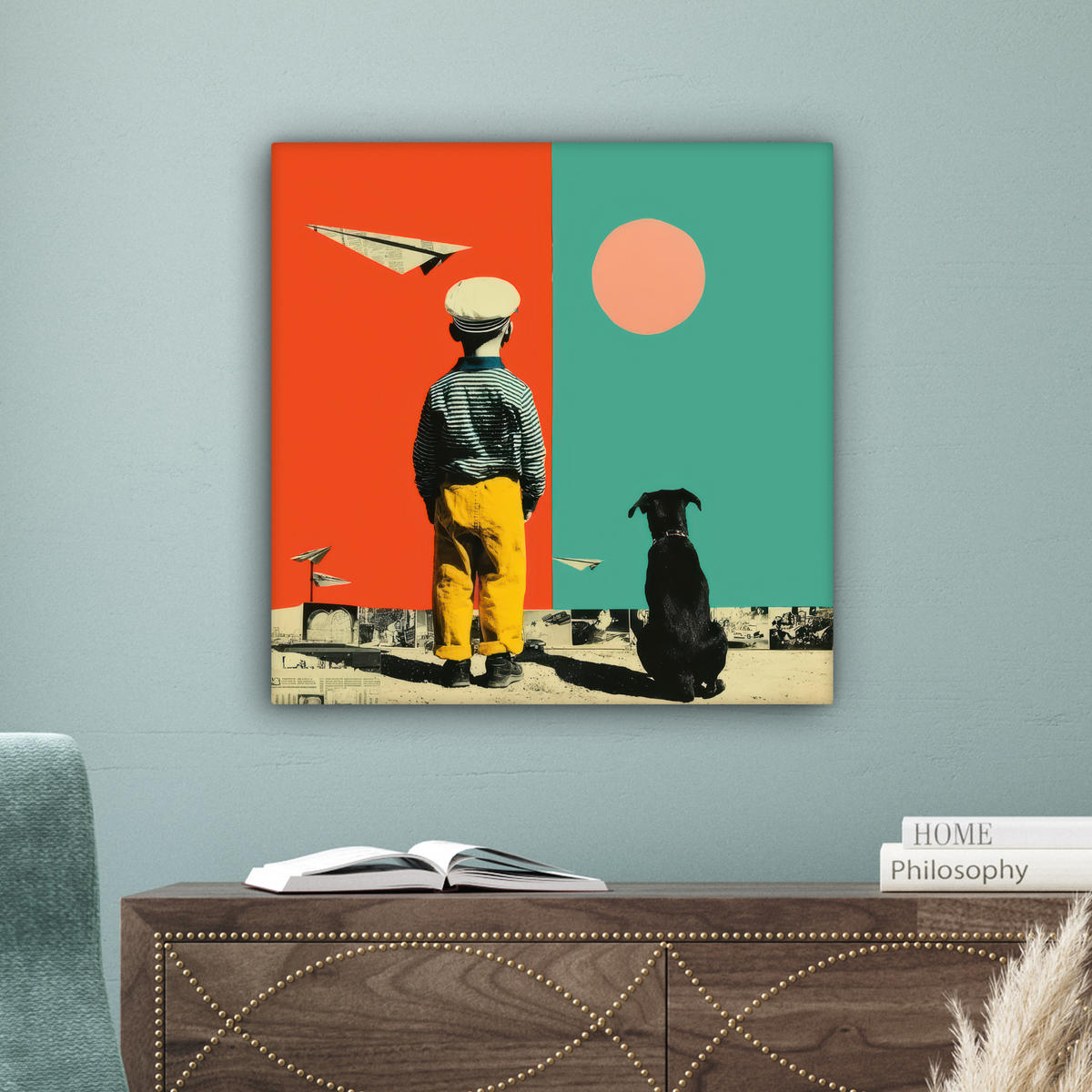 LEINWANDBILD Retro - Junge - Hund - Rot - Grün Wandbild Wohnzimmer 50x50 cm - Orange, Textil (50/50cm) - MuchoWow