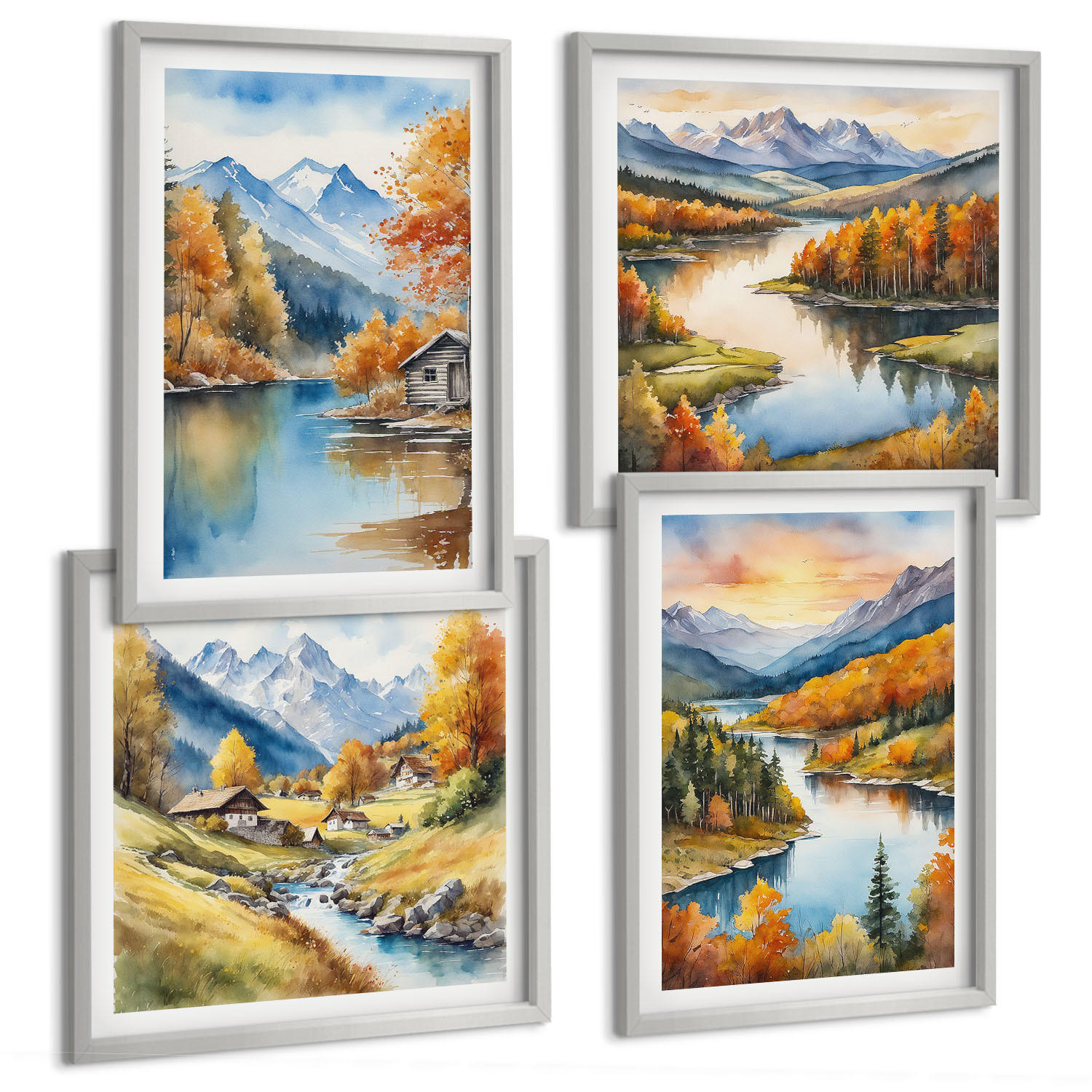 BILDER SET 4er Set - 50x50 cm & 40x60 cm Silberner Rahmen - Herbstliche Berge, Flusshütte - Silberfarben, Kunststoff (50/50cm) - TULUP